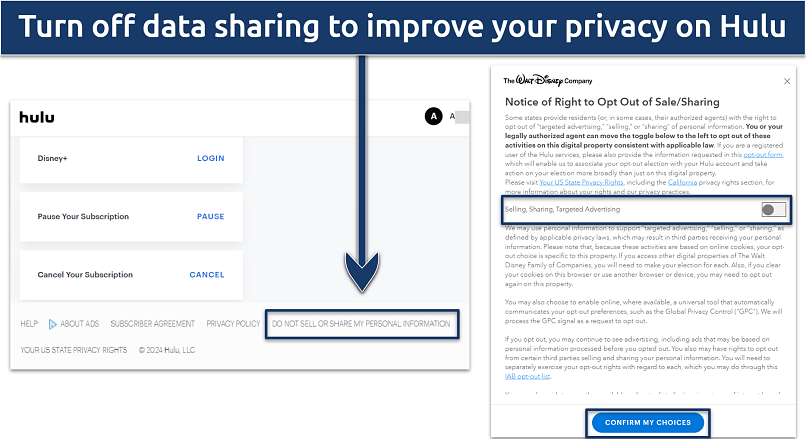 Screenshot showing personal data sharing on Hulu