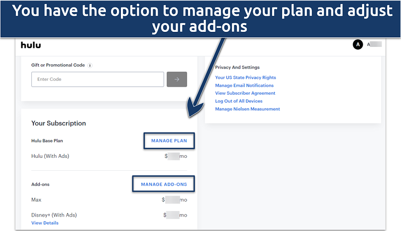 Screenshot showing Hulu plan management section