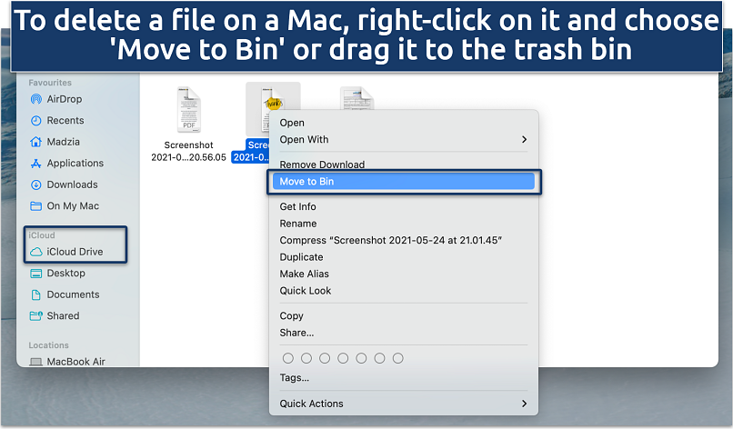 Screenshot of deleting iCloud files using Finder