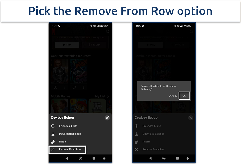 Screenshot showing how to edit your Continue Watching row on mobile