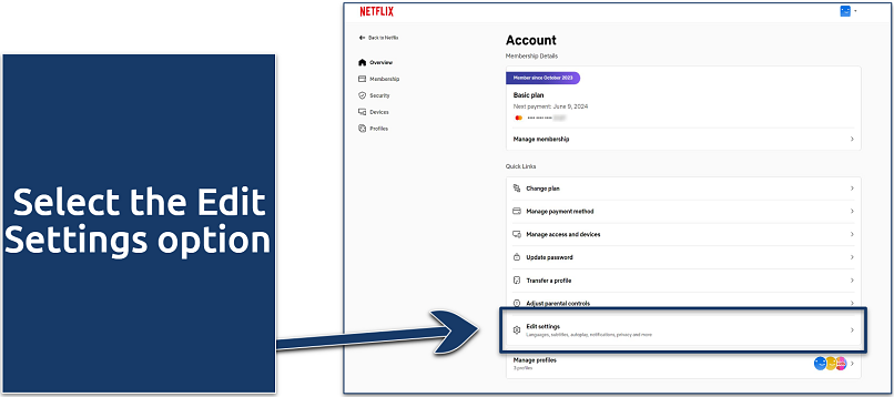 Screenshot showing Netflix's account setting page