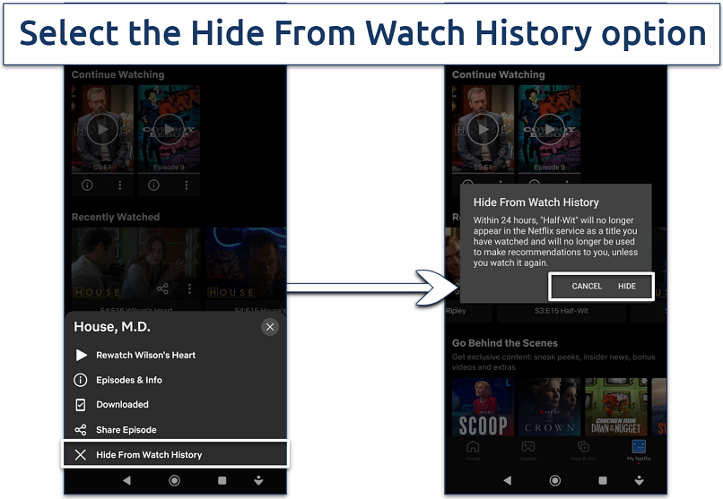 Screenshot showing how to hide Netflix shows from watch history