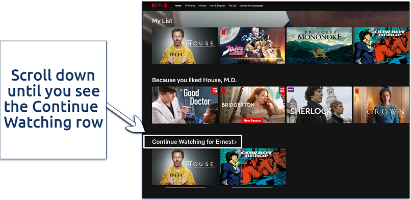 Screenshot showing how to find Netflix's Continue Watching row