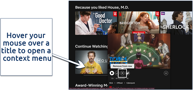 Screenshot showing how to find Netflix's context menu