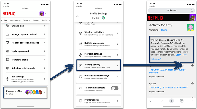 Screenshot of accessing the Netflix delete history settings