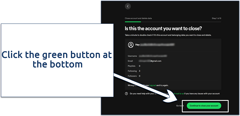 A screenshot showing Spotify account closure procedure