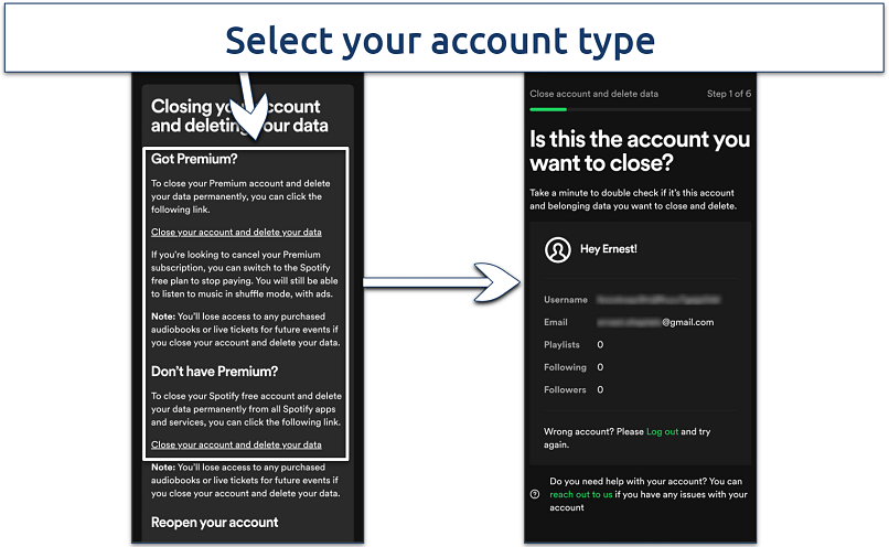A screenshot showing Spotify account closing page