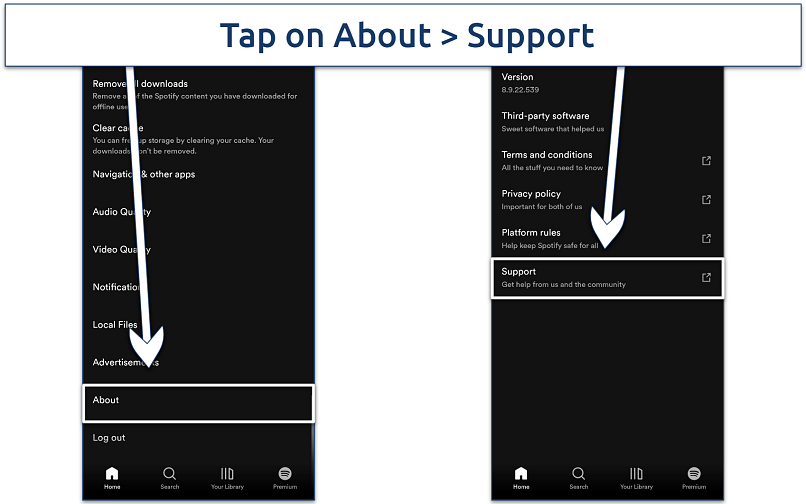 A screenshot showing how to access Spotify support section using the mobile app