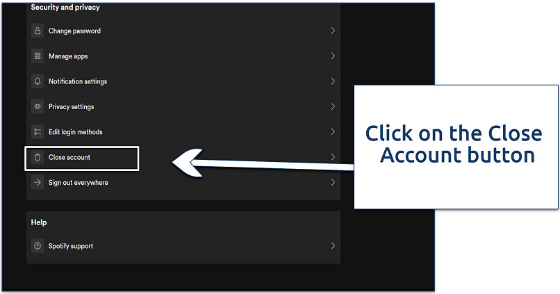 A screenshot showing how to find the account closure option in Spotify