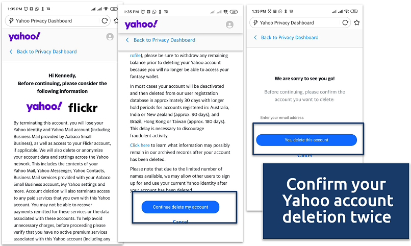 A screenshot showing the Yahoo account deletion confirmations