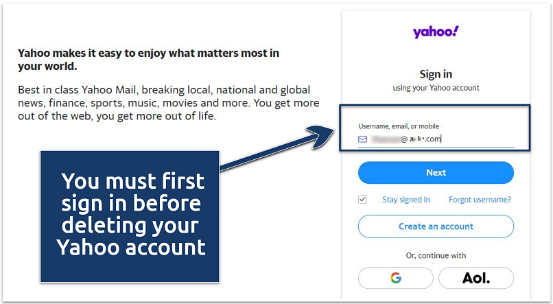 A screenshot showing the Yahoo account sign in page