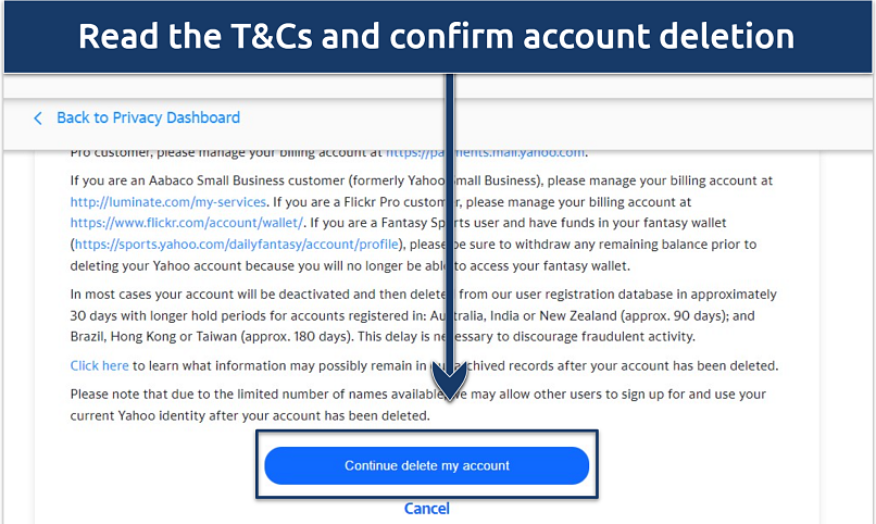 A screenshot showing the Yahoo account deletion T&Cs
