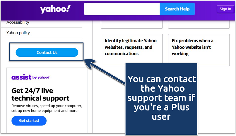 A screenshot showing the Yahoo account help page