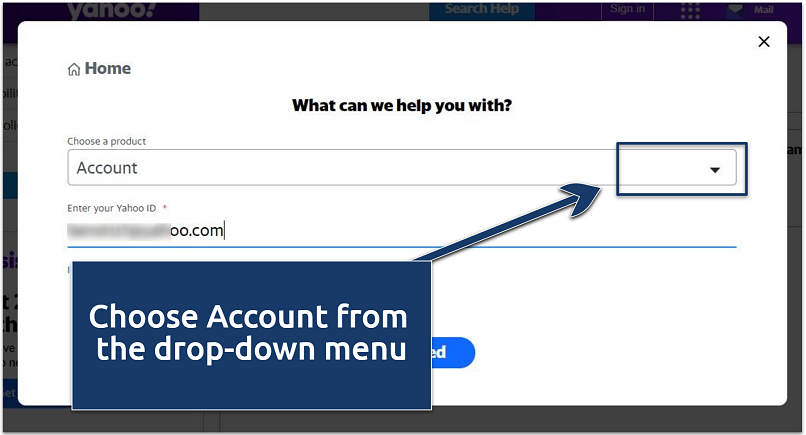 A screenshot showing the Yahoo account assistance form