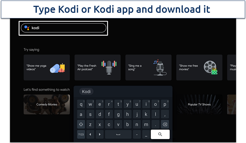 Screenshot of the search box and keyboard on Android TV