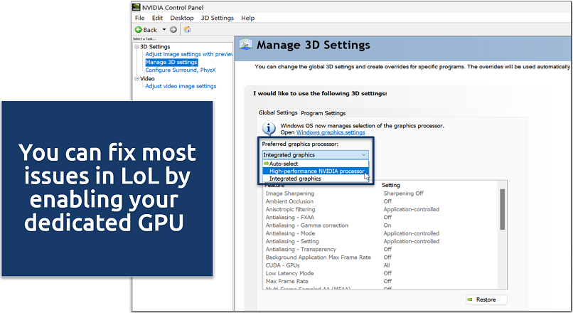 Screenshot of enabling dedicated GPU to fix LoL lags