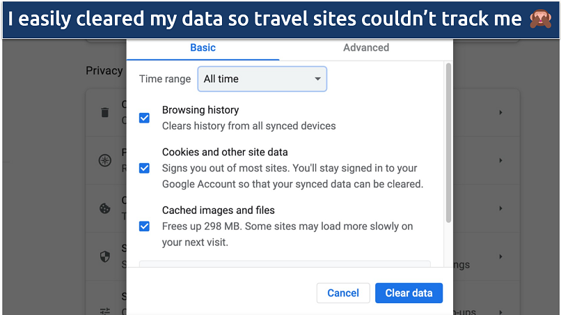 Screenshot showing how to clear your data on a web browser