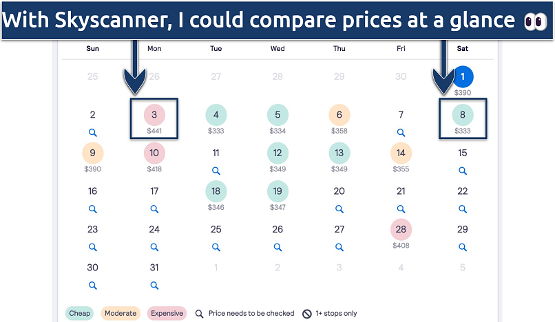 Screenshot showing a price comparison page on Skyscanner