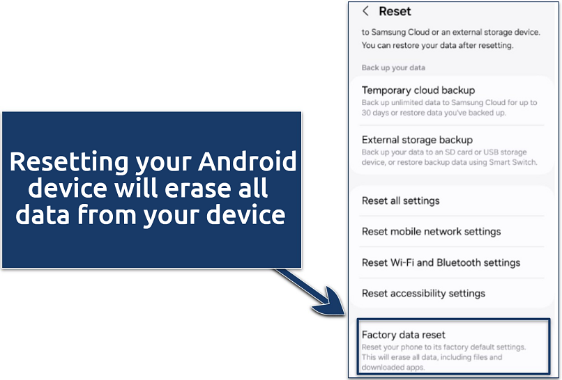 Screenshot of an Android smartphone reset window
