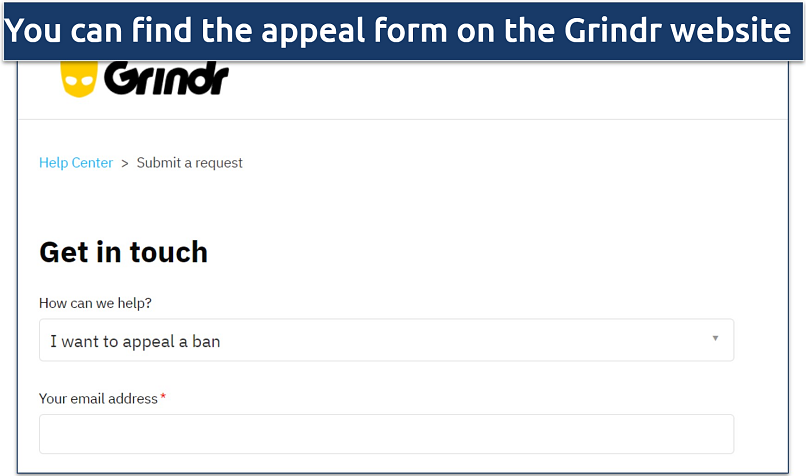 Screenshot of Grindr's website showing the appeal form