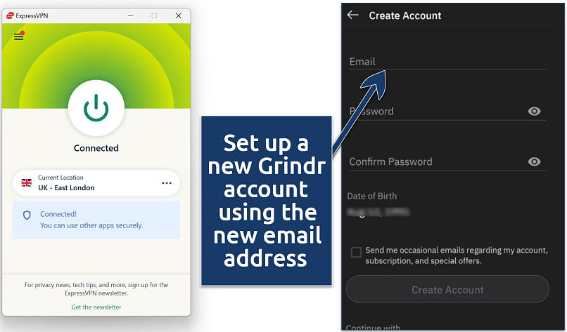 Screenshot of Grindr dashboard showing how to sign up