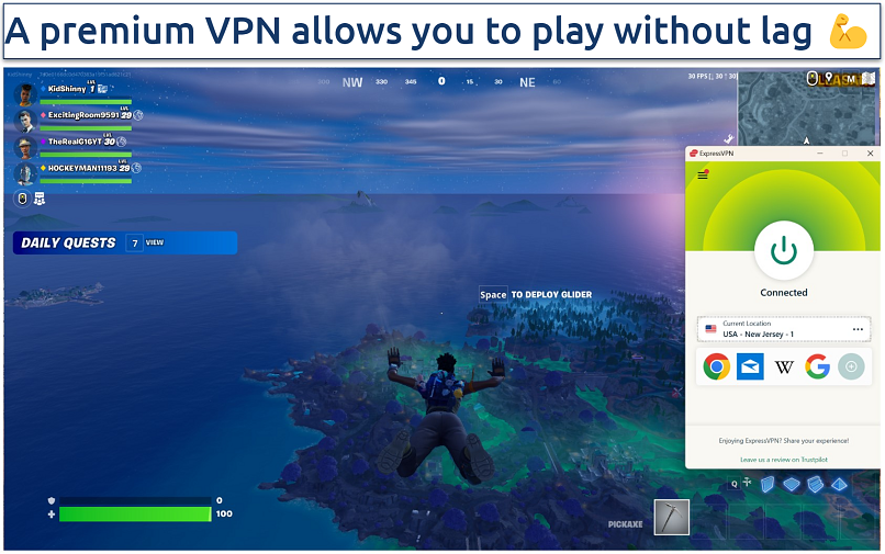 Screenshot of Fortnite gameplay with ExpressVPN connected to US - New Jersey
