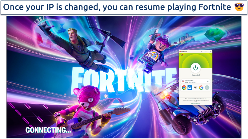 Screenshot of launching Fortnite with ExpressVPN connected to US – New Jersey
