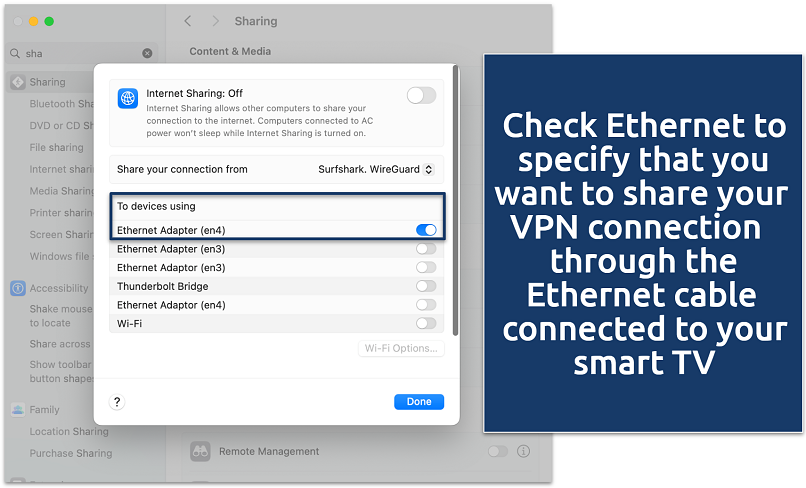 A screenshot of internet sharing via Ethernet on a Mac
