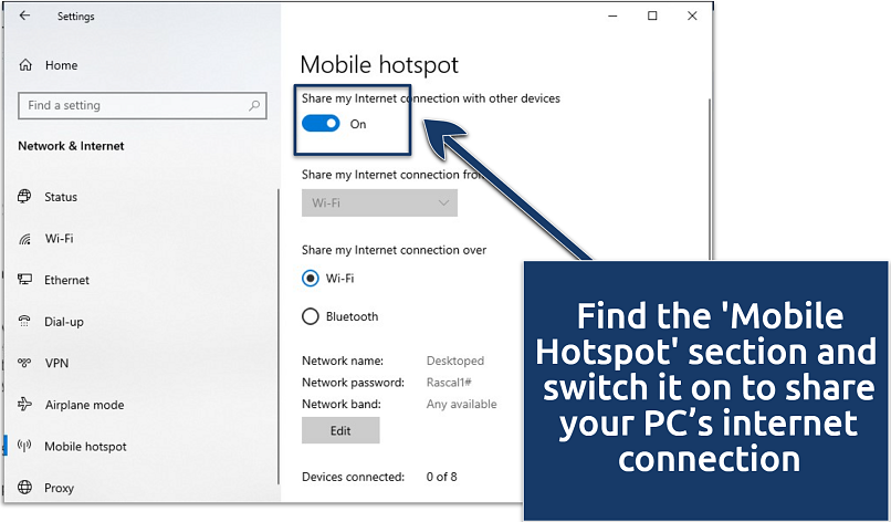 A screenshot of hotspot sharing settings on Windows PC