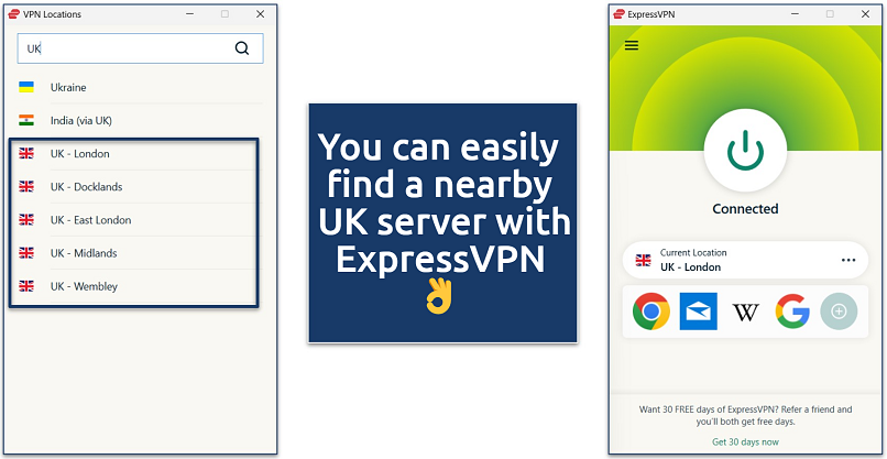 A screenshot of the ExpressVPN app showing it's UK server locations while connected to the London server