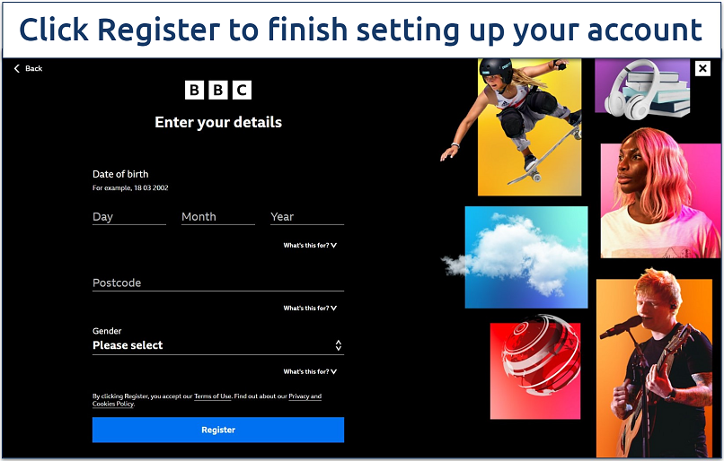 A screenshot of the BBC iPlayer registration page where you enter your personal details