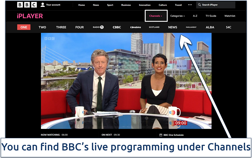 A screenshot of BBC iPlayer streaming live news on the BBC One channel