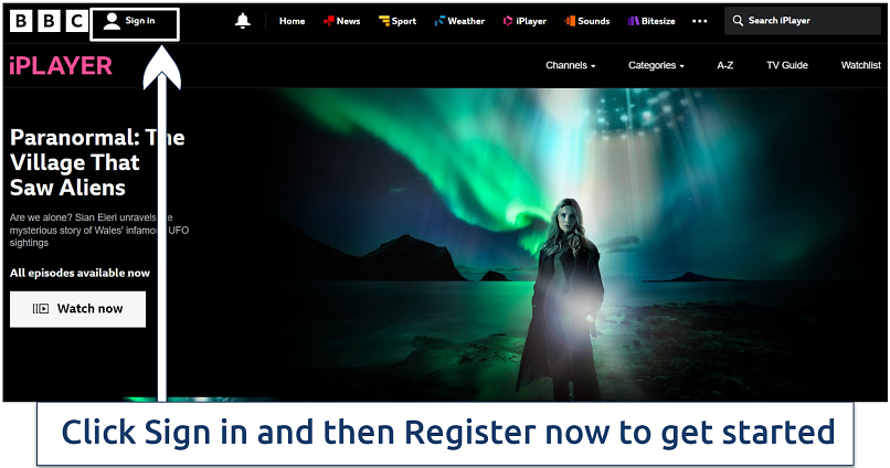 A screenshot of the BBC iPlayer streaming home page showing the Sign in button