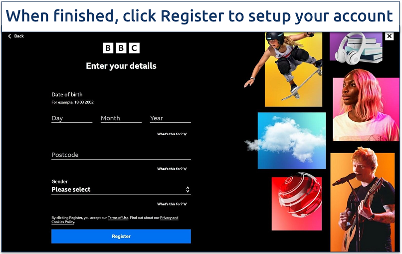 A screenshot of the BBC iPlayer account registration page where you enter personal details