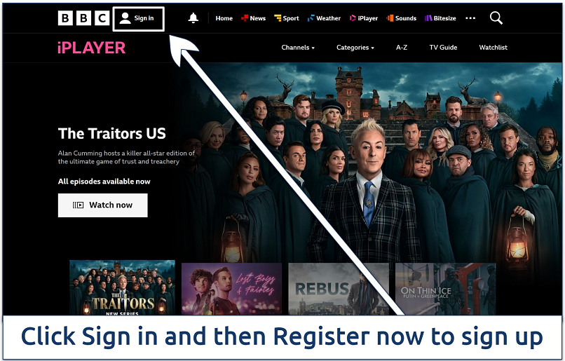 A screenshot of the BBC iPlayer homepage with the Sign in menu option highlighted