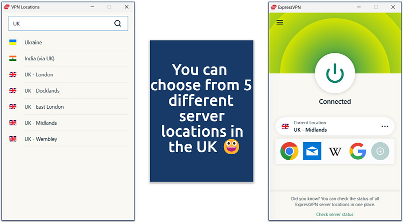A screenshot of the ExpressVPN Windows app with its list of UK server locations
