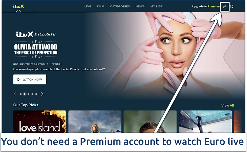 A screenshot of ITVX homepage with its account menu icon highlighted