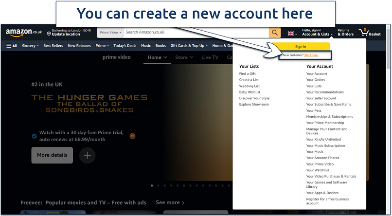 Screenshot of Amazon Prime Video UK signup page