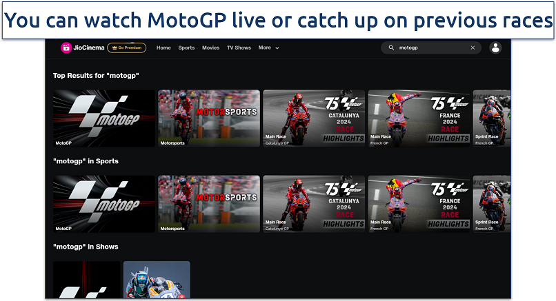 Screenshot of JioCinema MotoGP matches