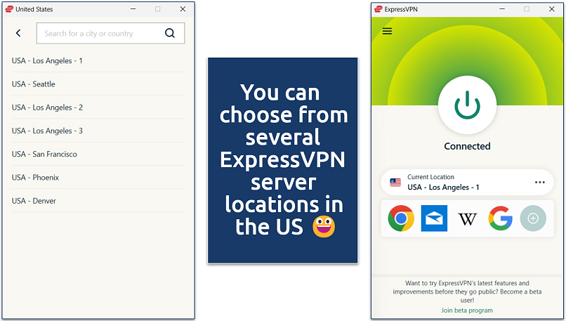 A screenshot of the ExpressVPN Windows app with its list of US server locations