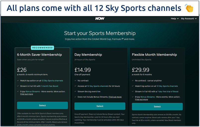 A screenshot of NOW TV's Sky Sports membership plans