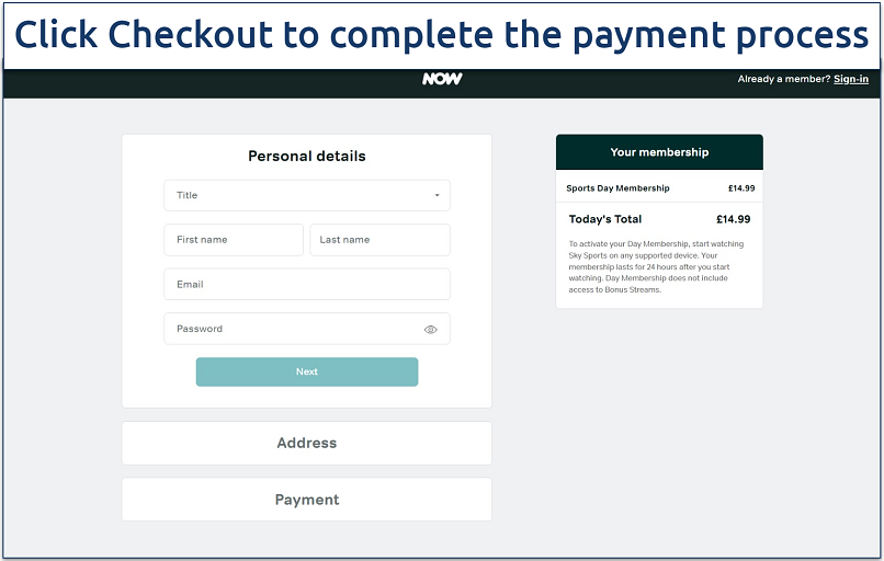 A screenshot of NOW TV's sign up page with fields to provide personal information, an address, and payment details