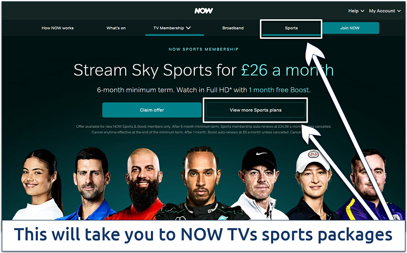 A screenshot of NOW TV's Sky Sports website page
