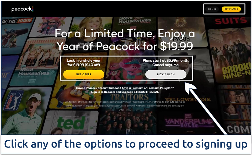 A screenshot of Peacock TV's home page with its various sign up and offer buttons highlighted