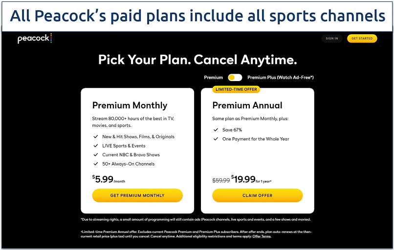 A screenshot of Peacock TV's membership options with its Premium Monthly and Premium Annual plans