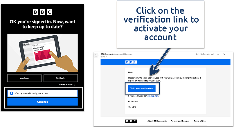 Screenshot of the BBC iPlayer email verification