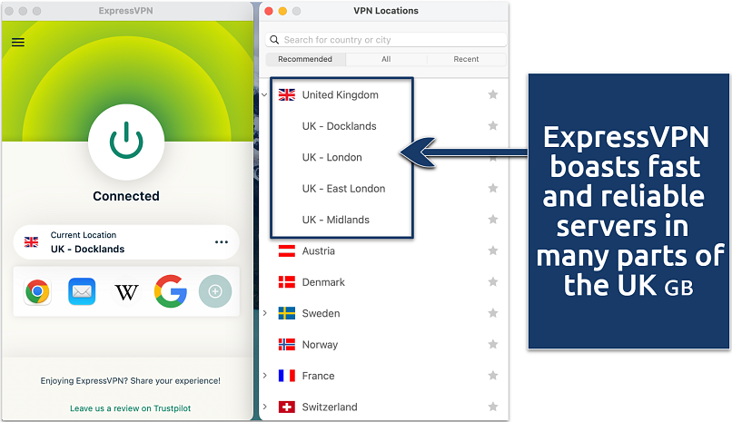 Screenshot of the ExpressVPN UK servers list