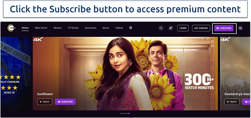 Screenshot of the ZEE5 home page