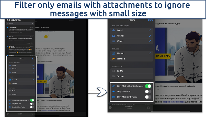 Screenshots of Mail apps with filtering messages