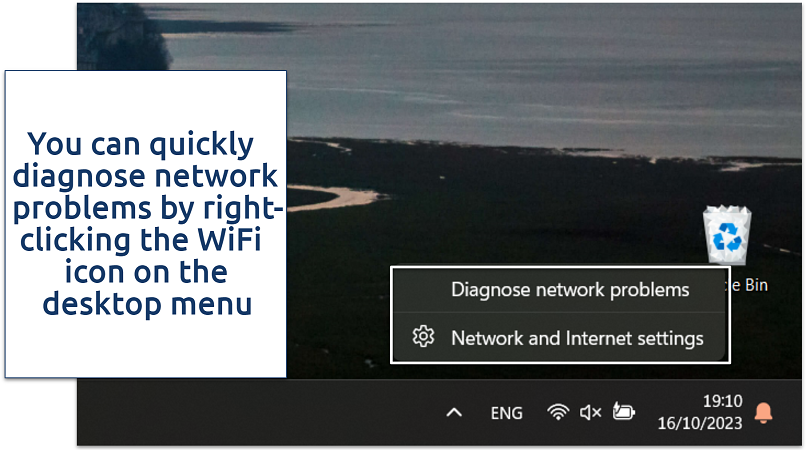 Screenshot of Windows' desktop displaying network diagnostics shortcut.